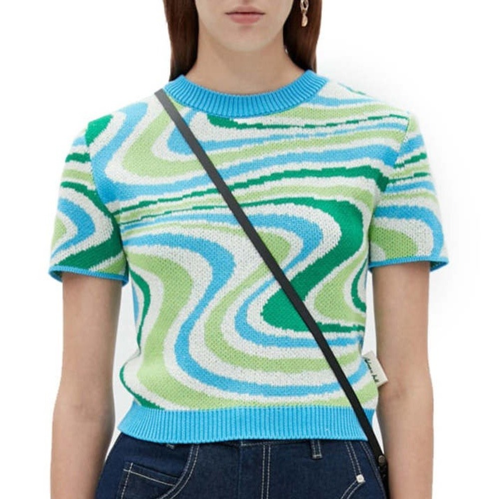 Andersson Bell Della Jacquard Knit Top Blue Green Swirl Womens M Dopamine